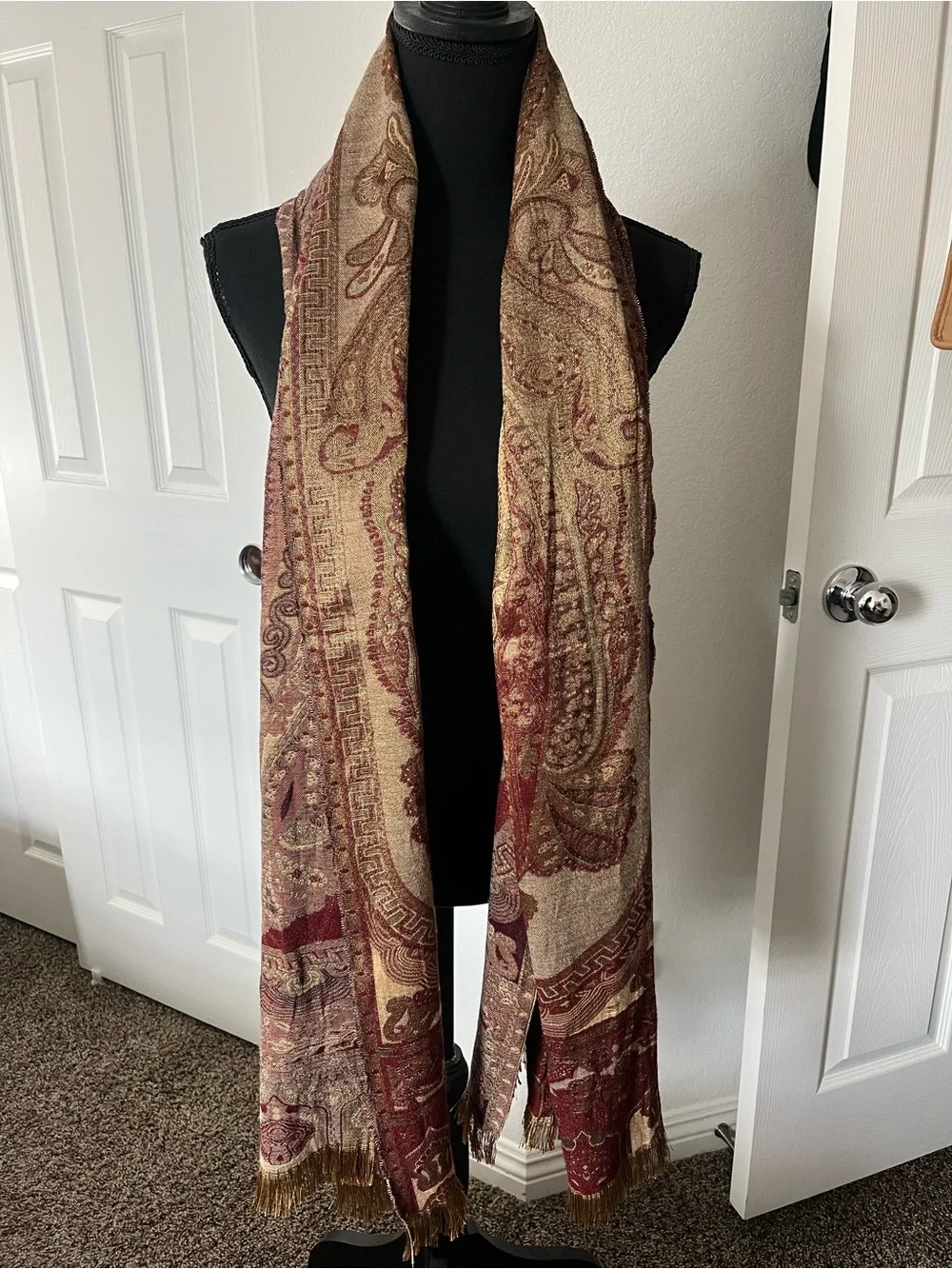 Vintage Paisley Fringe Scarf Shawl Wrap – Burgundy, Gold & Tan